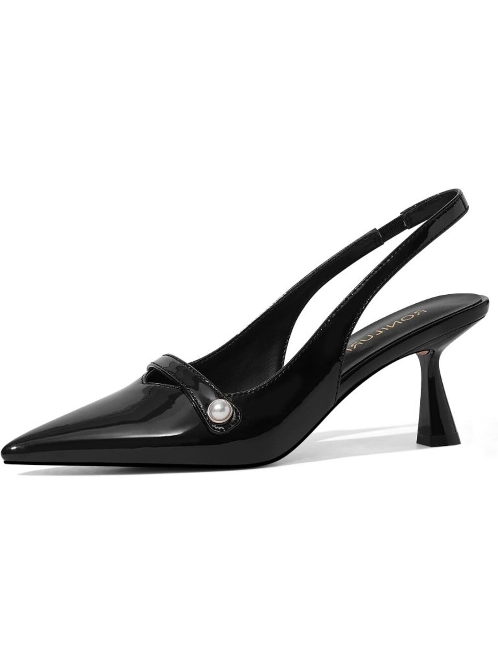Women's Black Kitten Heel Slingback Low Heel Pumps Dress Shoes Pointed Toe Pearl
